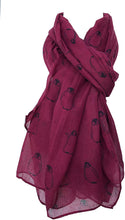 Load image into Gallery viewer, Burgundy with black baby penguins long soft scarf
