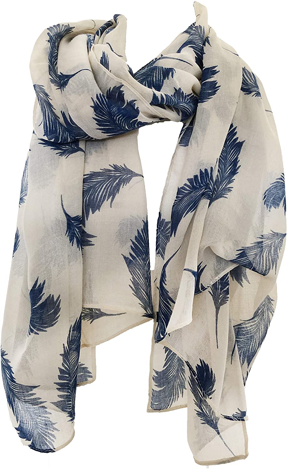 Pamper Yourself Now Beige with Blue Feathers, Long Scarf, Soft Ladies Fashion London