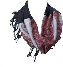 Load image into Gallery viewer, Pink and grey funky snood with diamond design finish and small tassels
