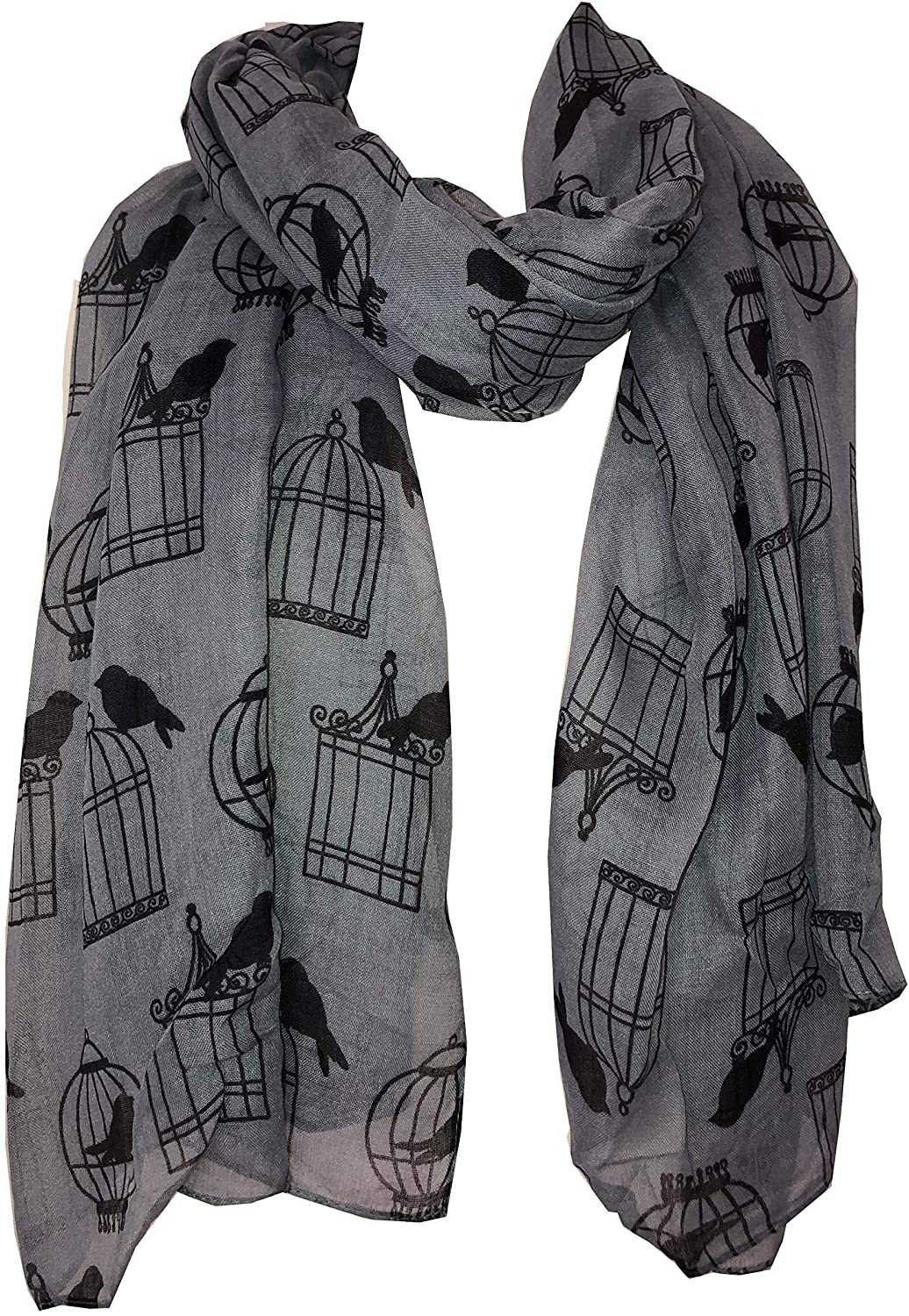 Pamper Yourself Now Grey with Black Bird cage and Bird Design Scarf, Lovely Gift/Present.