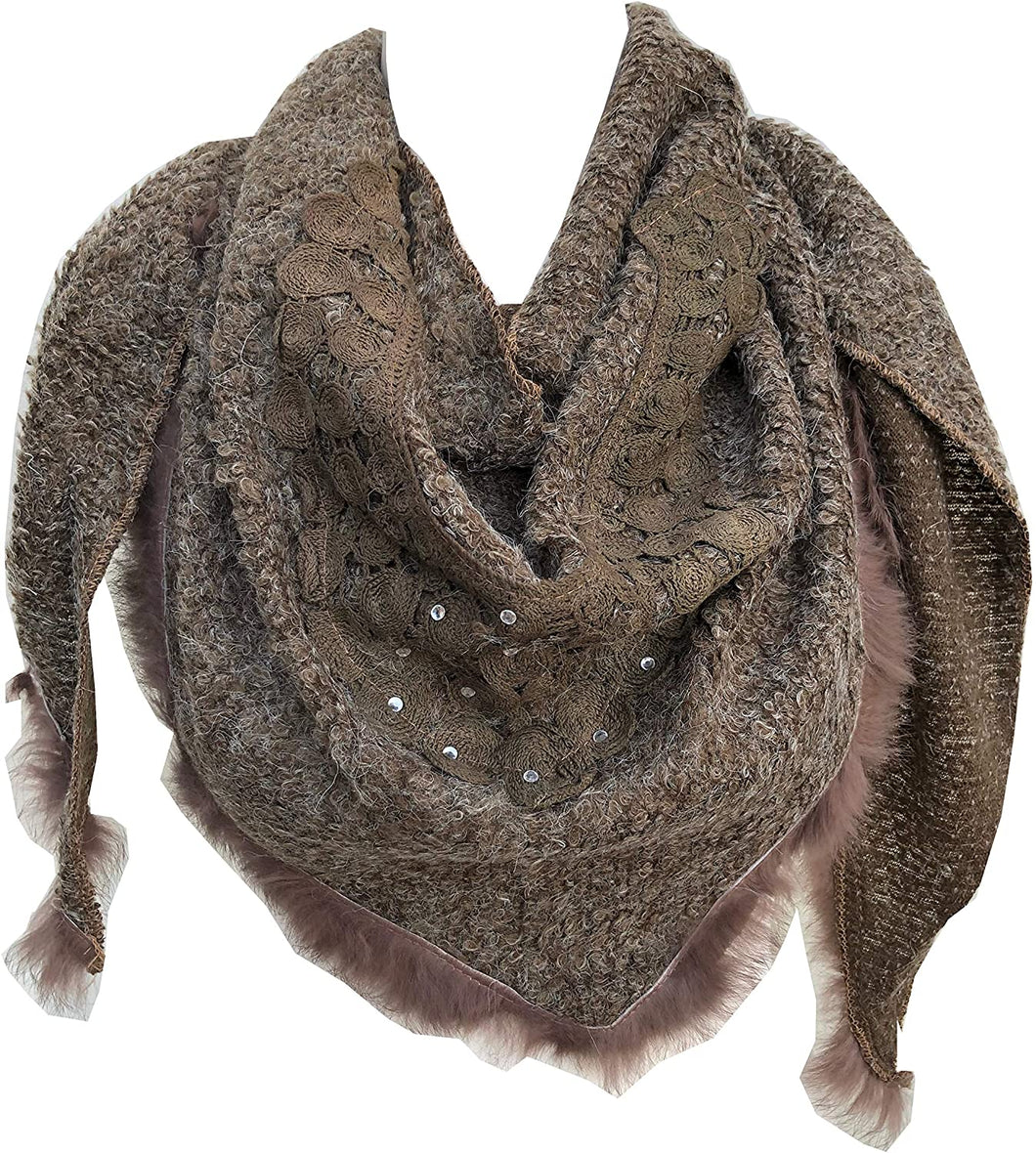 Pamper Yourself Now Dark Brown Triangle Scarf with Fur Trim and Sequin.