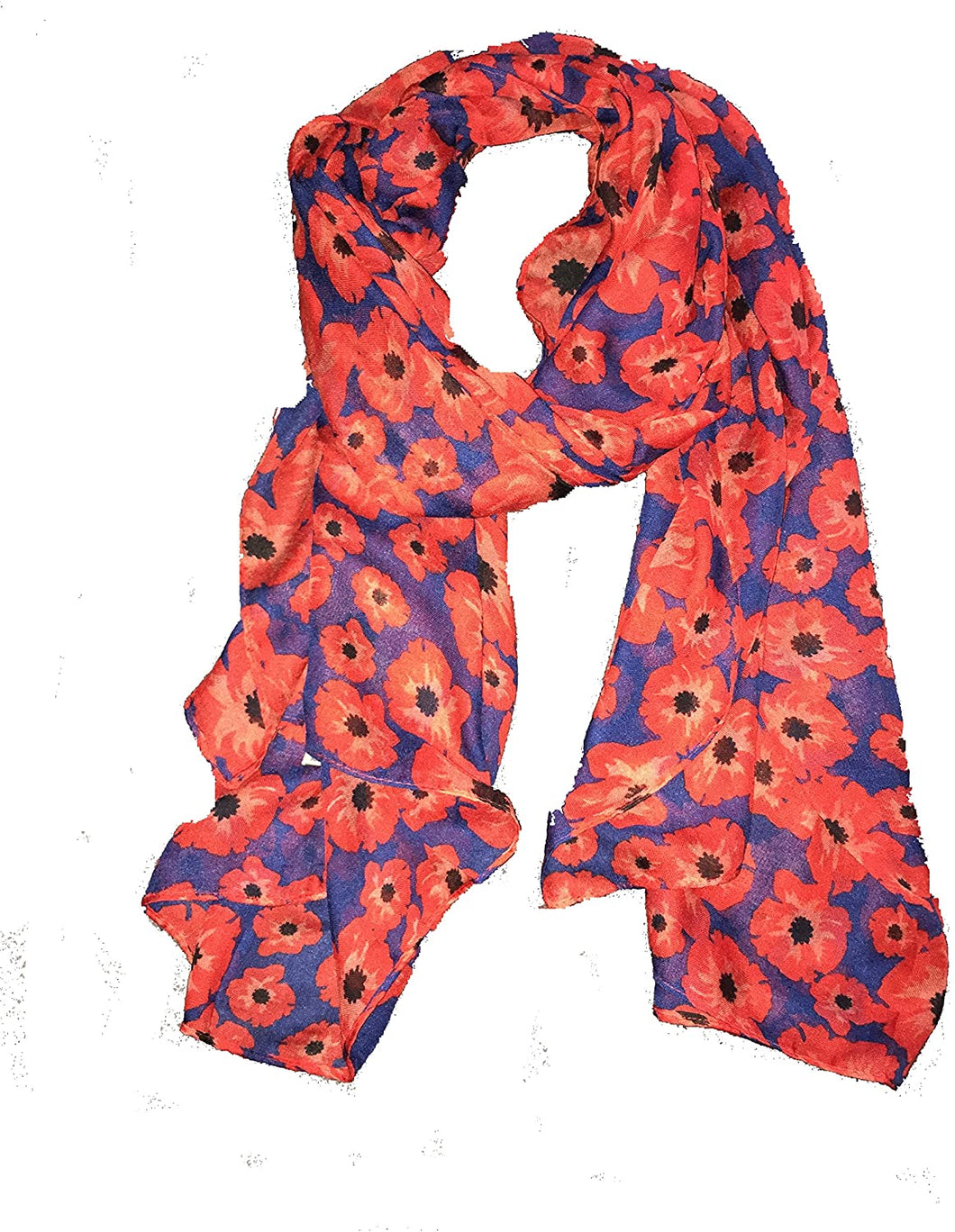 Pamper Yourself Now Navy Blue with Small Poppy Design Long Scarf, Soft Ladies Fashion London