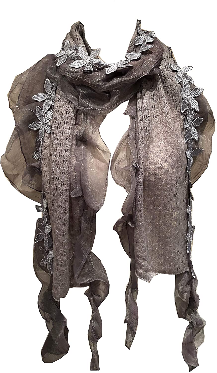 Pamper Yourself Now Grey with Flower with Chiffon Design Scarf. Long Soft Scarf