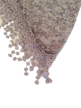 Load image into Gallery viewer, Pamper Yourself Now Grey with White Glittery Flower lace Triangle Scarf with lace Trim
