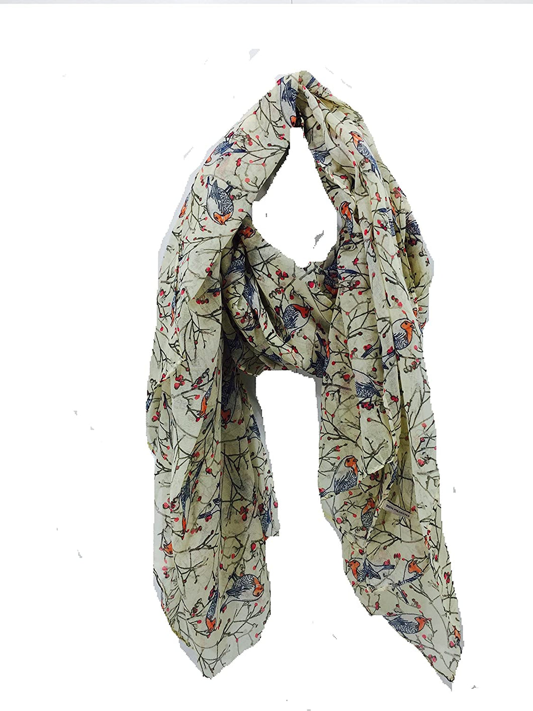 Pamper Yourself Now Cream Christmas Robin in Tree Long Soft Scarf/wrap