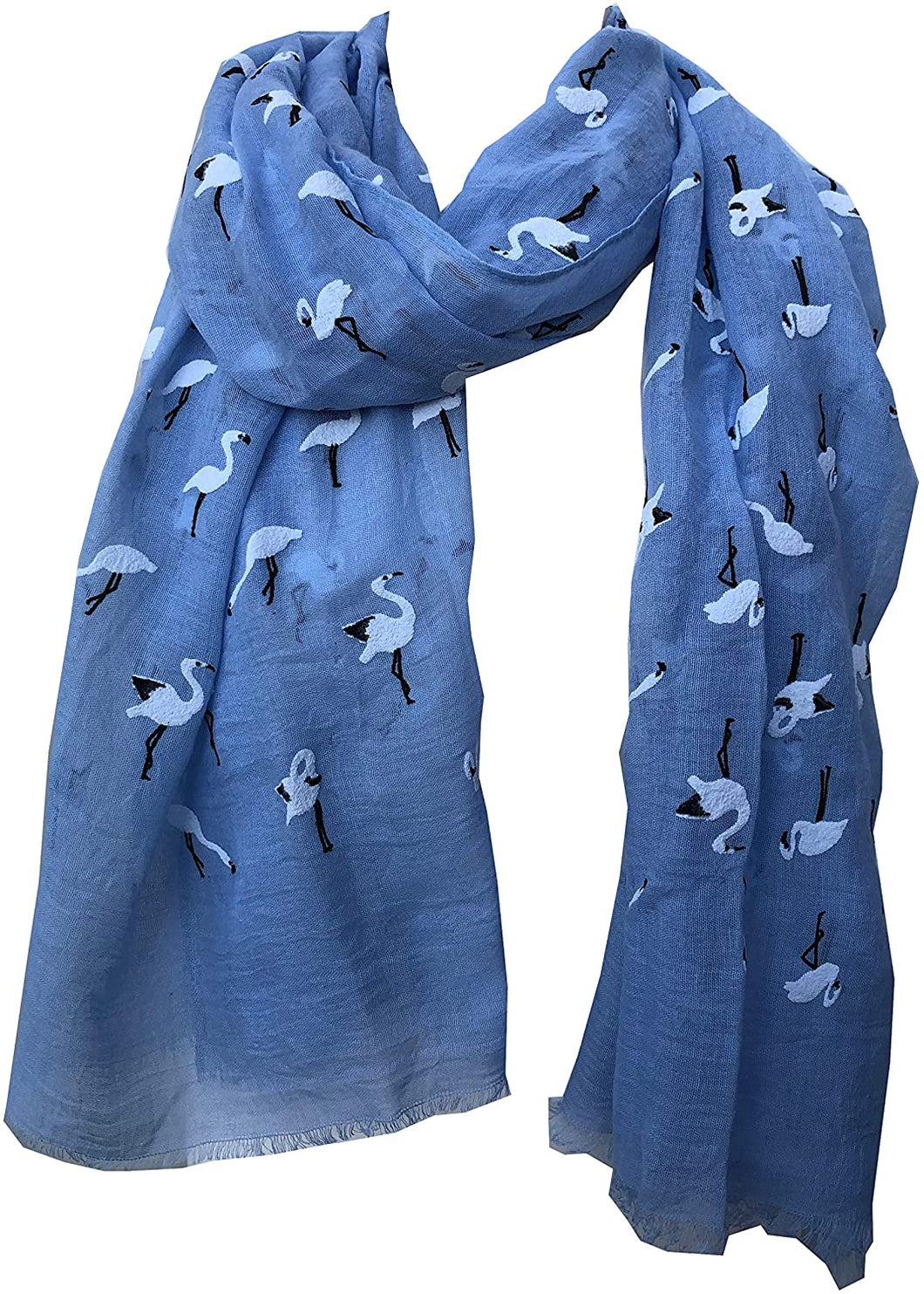 Pamper Yourself Now Blue with White Standing up Flamingo Long Scarf/wrap with Frayed Edge