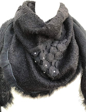 Load image into Gallery viewer, Pamper Yourself Now Black Triangle Scarf with Fur Trim and Sequin.
