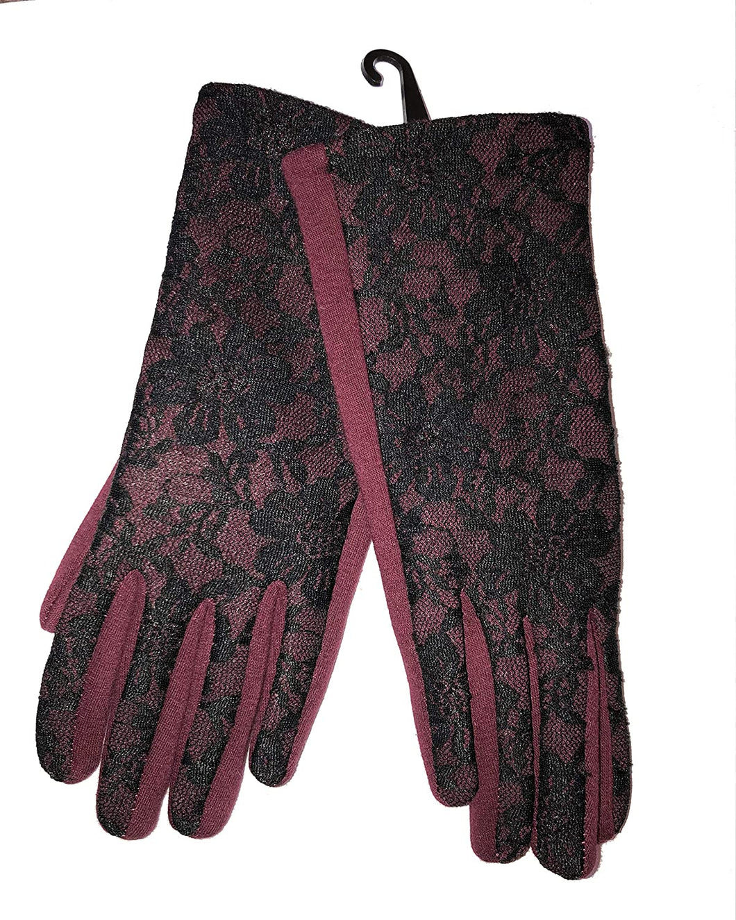 G1409 Burgundy with black lace ladies Gloves. One size