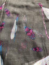 Load image into Gallery viewer, Brown with dragonfly and bugs design long soft scarf, great present/gift.
