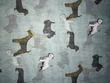 Load image into Gallery viewer, Pamper Yourself Now Aqua Green with Mixed Pooch Dog Design Long Scarf. Sausage Dog, west Ireland Terrier, Wolf Hound
