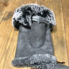 Load image into Gallery viewer, Grey with black/white Faux Fur Trimmed Fingerless Gloves.
