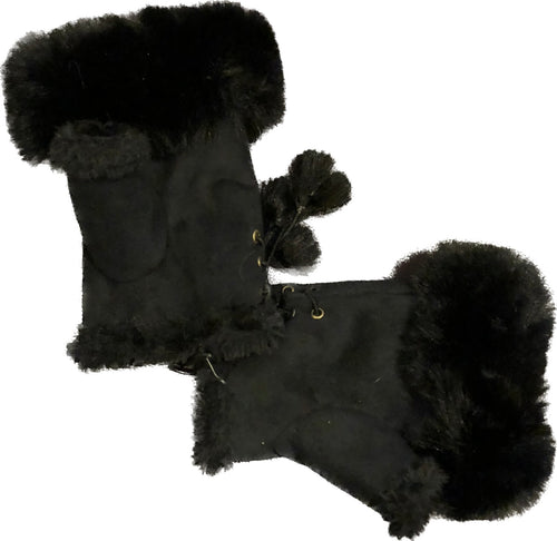 Black faux fur trimmed fingerless mittens/gloves