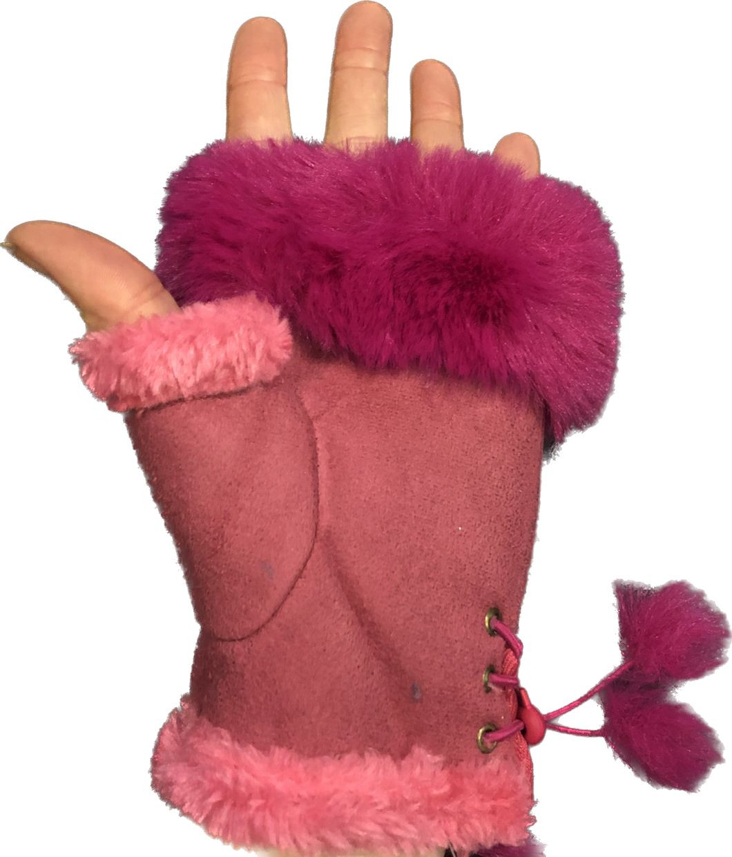 Fuchsia pink Faux Fur Trimmed Fingerless Gloves/mittens.