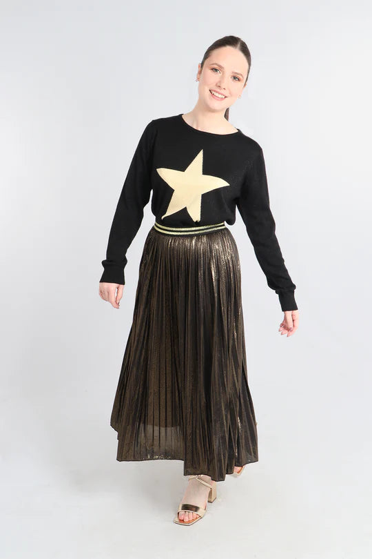 Black Gold Foil Pleated Skirt with Glitter Stripe Waistband (A133)