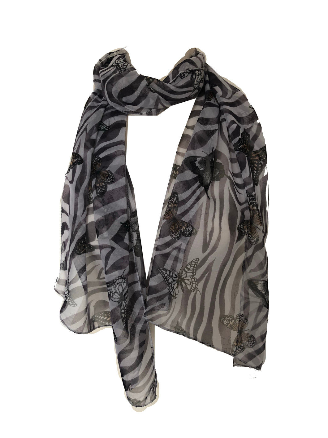White with Brown Zebra Animal Print with Butterflies Chiffon Style Thin Scarf.