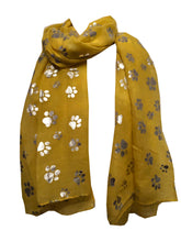 Load image into Gallery viewer, Pamper Yourself Now Yellow with Silver Dog paw Print Long Scarf.
