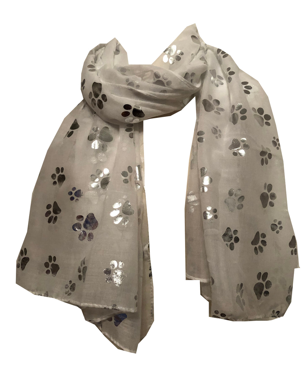 Pamper Yourself Now White with Silver Dog paw Print Long Scarf.