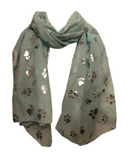 Load image into Gallery viewer, Pamper Yourself Now Aqua Green with Silver Dog paw Print Long Scarf.
