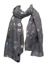 Load image into Gallery viewer, Pamper Yourself Now Grey with Silver Dog paw Print Long Scarf.
