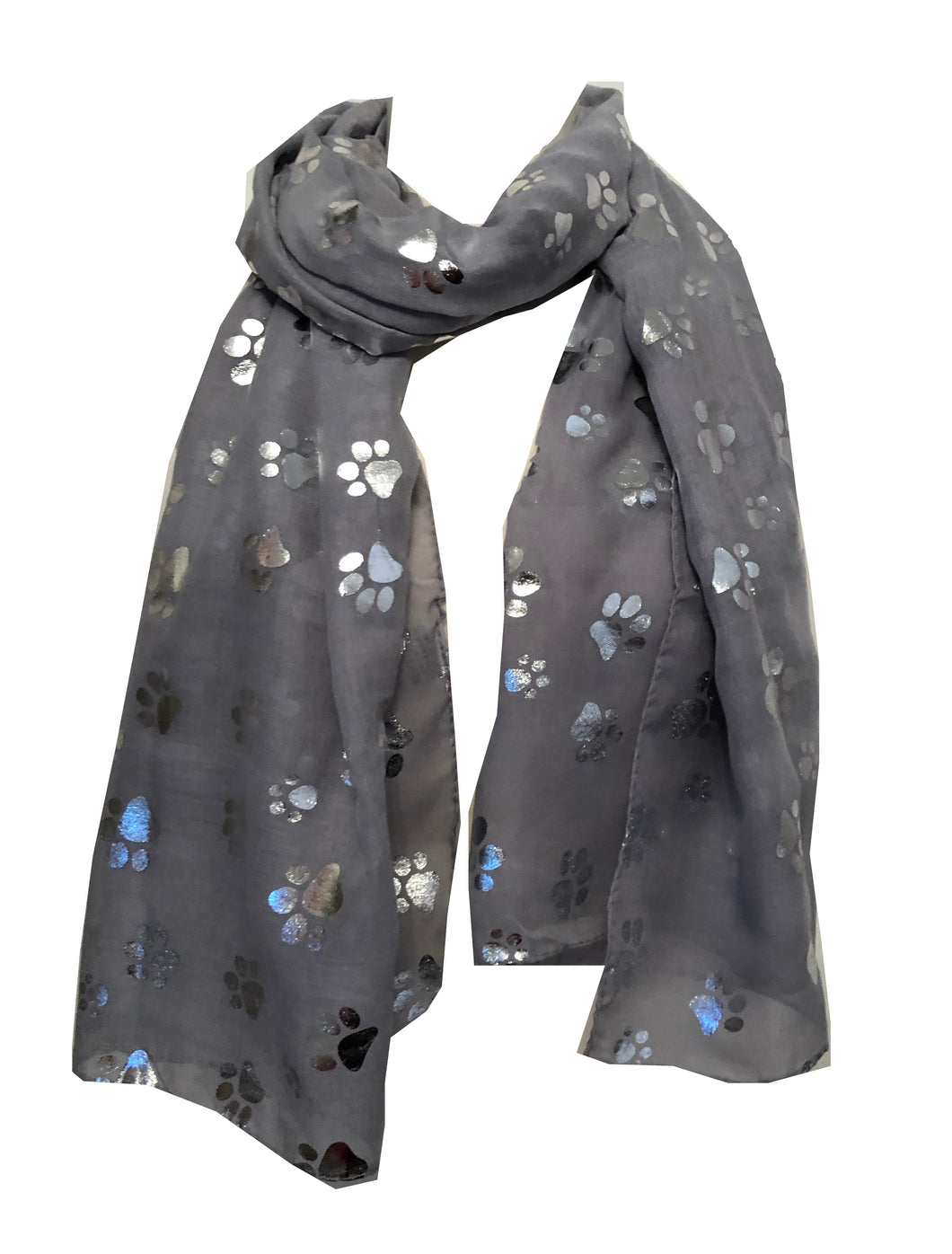 Pamper Yourself Now Grey with Silver Dog paw Print Long Scarf.