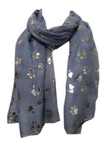 Load image into Gallery viewer, Pamper Yourself Now Sky Blue with Silver Dog paw Print Long Scarf.
