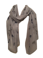 Load image into Gallery viewer, Grey with Grey + Blue Audrey Hepburn Design Long Scarf with Frayed Edge
