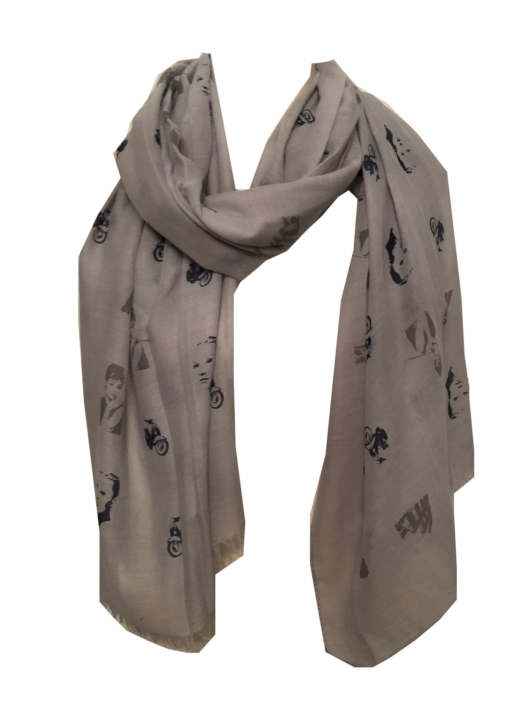 Grey with Grey + Blue Audrey Hepburn Design Long Scarf with Frayed Edge