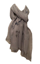 Load image into Gallery viewer, Grey with Grey + Blue Audrey Hepburn Design Long Scarf with Frayed Edge
