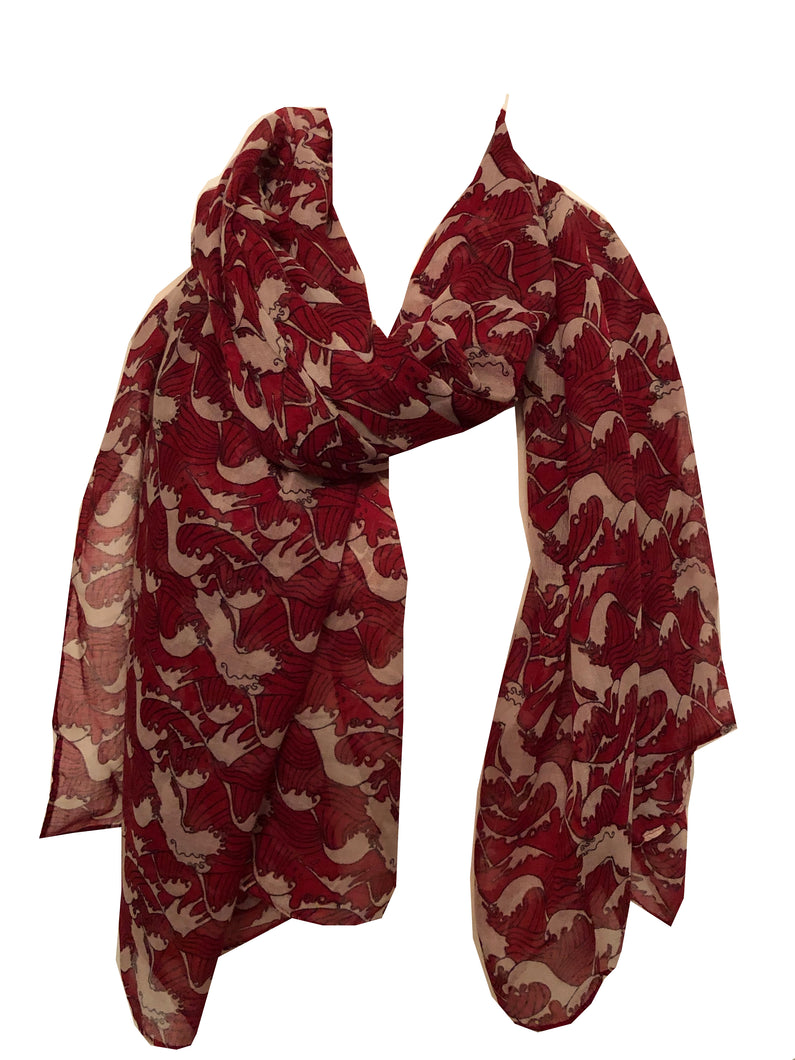 Red with white wave scarf for women