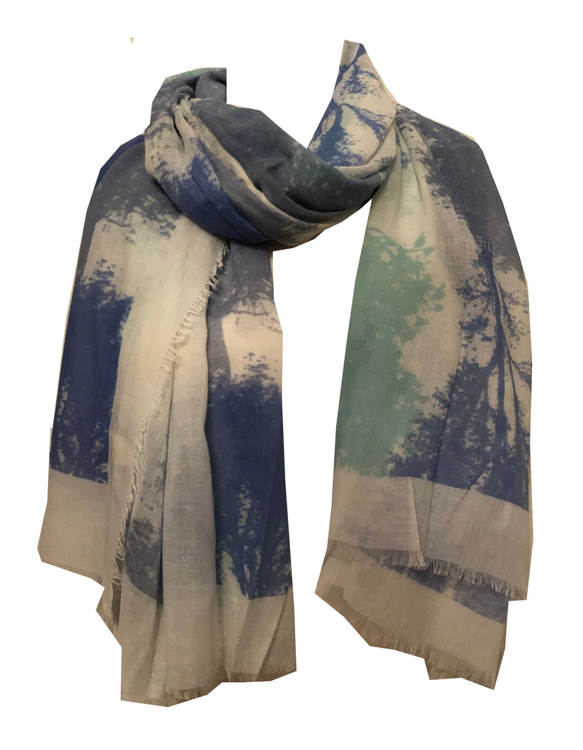 Blue grey and green tree design scarf