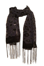 Load image into Gallery viewer, Grey Leopard Print Glittered Velvet Scarf/wrap with Tassels for women.
