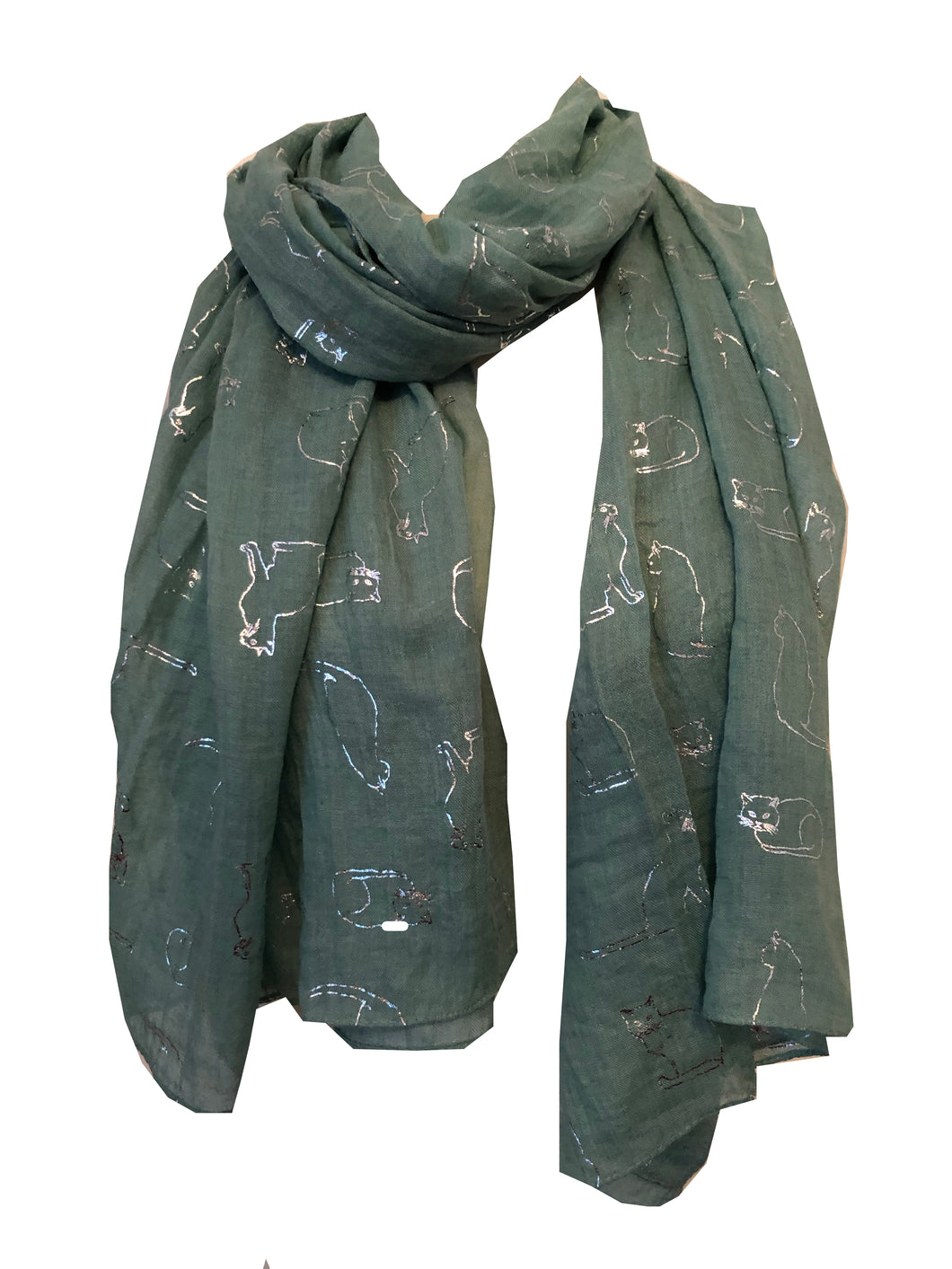Light Green with Silver Silhouette Cats Long Scarf