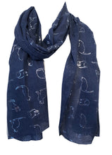 Load image into Gallery viewer, Pamper Yourself Now Blue with Silver Silhouette Cats Long Scarf
