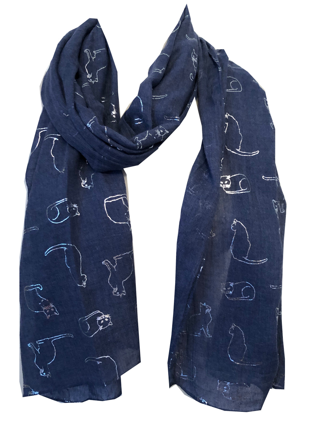 Pamper Yourself Now Blue with Silver Silhouette Cats Long Scarf