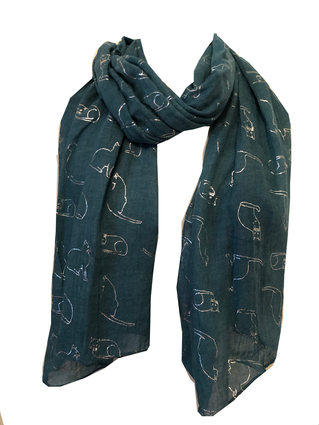 Aqua with Silver Silhouette Cats Long Scarf