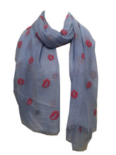 Load image into Gallery viewer, Blue with Pink Embossed Lips Design Scarf with Frayed Edge Lovely Long Soft Scarf Fantastic Gift
