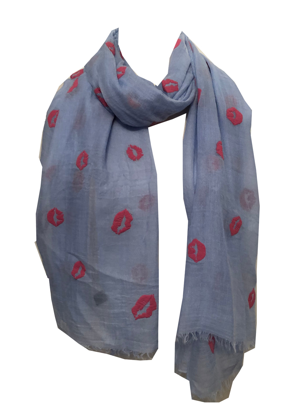 Blue with Pink Embossed Lips Design Scarf with Frayed Edge Lovely Long Soft Scarf Fantastic Gift