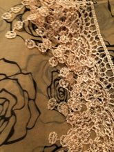 Load image into Gallery viewer, Beige with Black Roses Chiffon Style Triangle Scarf with lace Trim. a Lovely Fashion Item. Fantastic Gift
