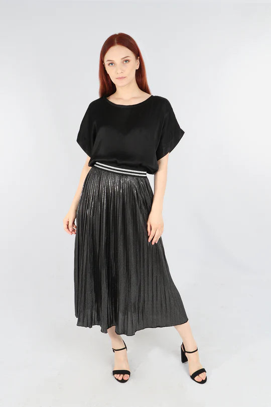 Black silver Foil Pleated Skirt with Glitter Stripe Waistband (A134)