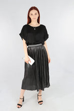 Load image into Gallery viewer, Black silver Foil Pleated Skirt with Glitter Stripe Waistband (A134)
