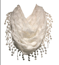 Load image into Gallery viewer, Pamper Yourself Now White Leaves Designs lace Triangle Scarf. a Lovely Fashion Item. Fantastic Gift
