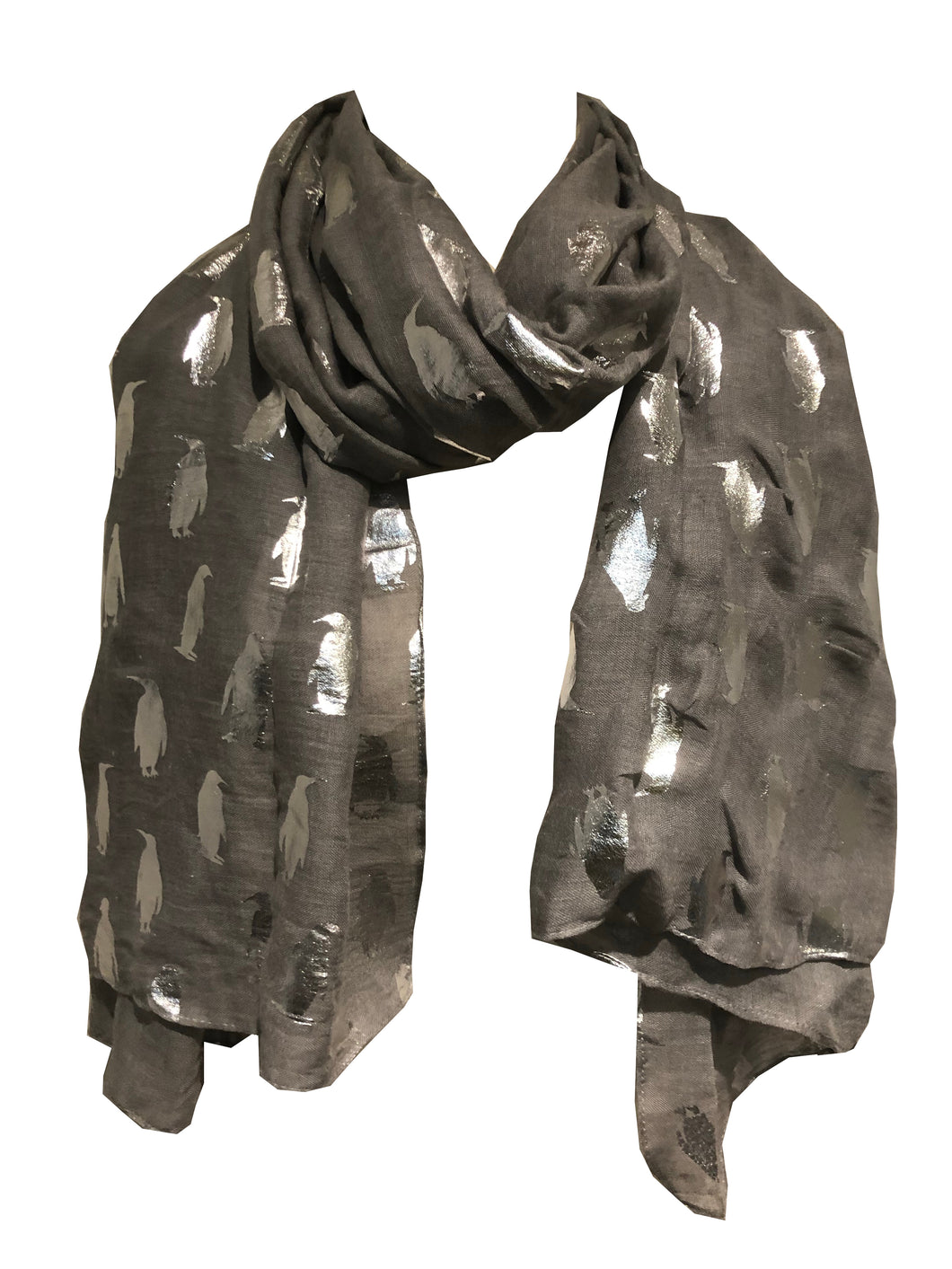 Pamper Yourself Now Grey Silver Penguin Long Soft Scarf