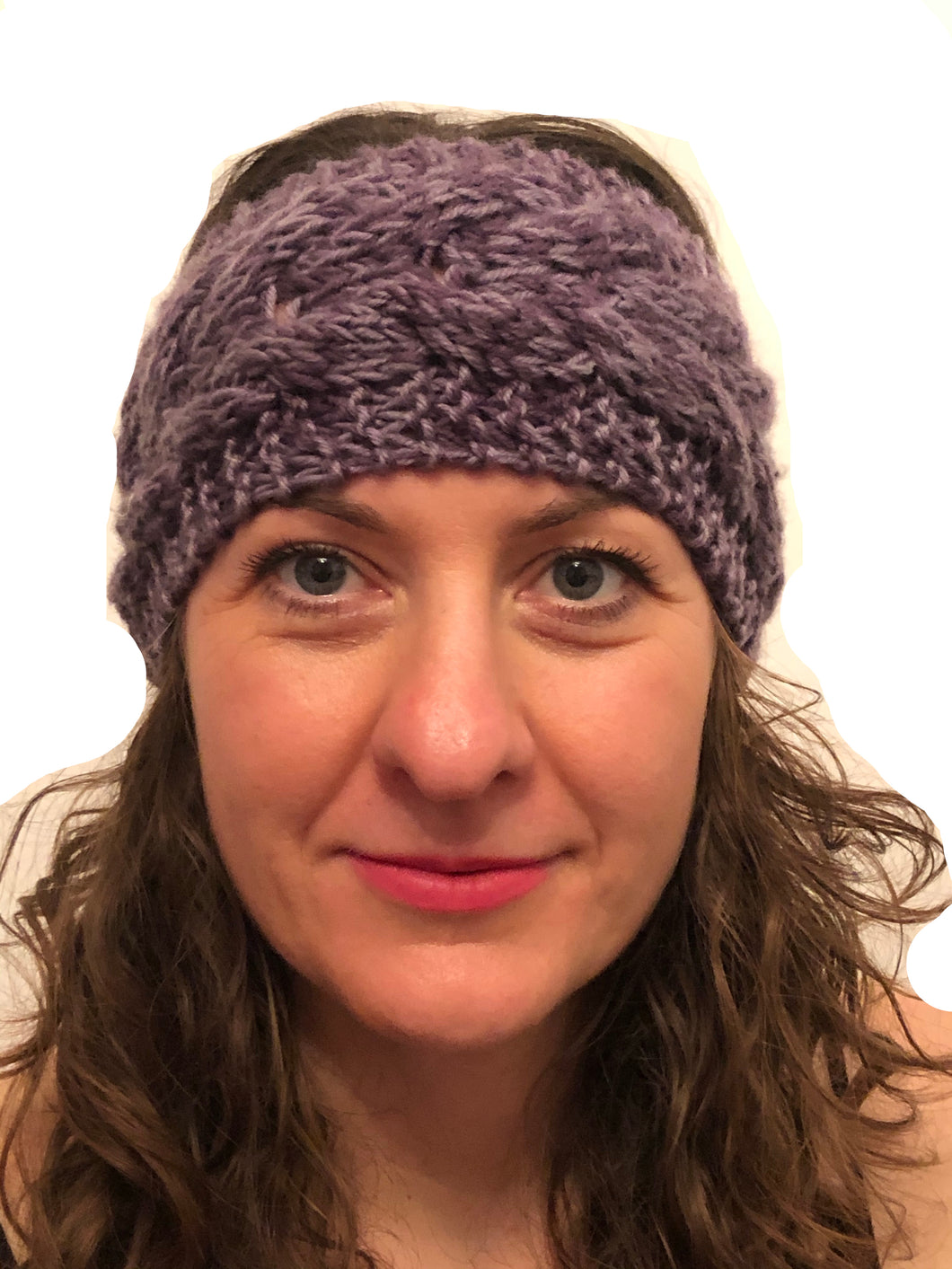 Purple/light grey mixed coloured woollen machine knitted headband. Warm winter headband