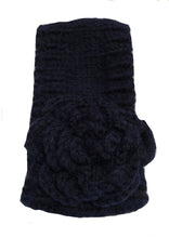 Load image into Gallery viewer, navy blue woollen machine knitted headband with flower. Warm winter headband
