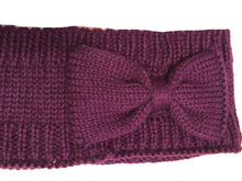 Load image into Gallery viewer, Purple woollen machine knitted headband with bow. Lovely to keep your head warm in the winter.
