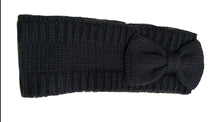 Load image into Gallery viewer, Dark grey woollen machine knitted headband with bow. Lovely to keep your head warm in the winter.
