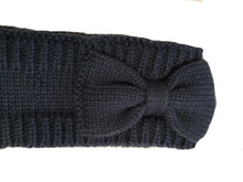 Load image into Gallery viewer, Dark grey woollen machine knitted headband with bow. Lovely to keep your head warm in the winter.
