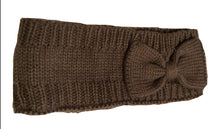 Load image into Gallery viewer, Brown woollen machine knitted headband with bow. Lovely to keep your head warm in the winter.
