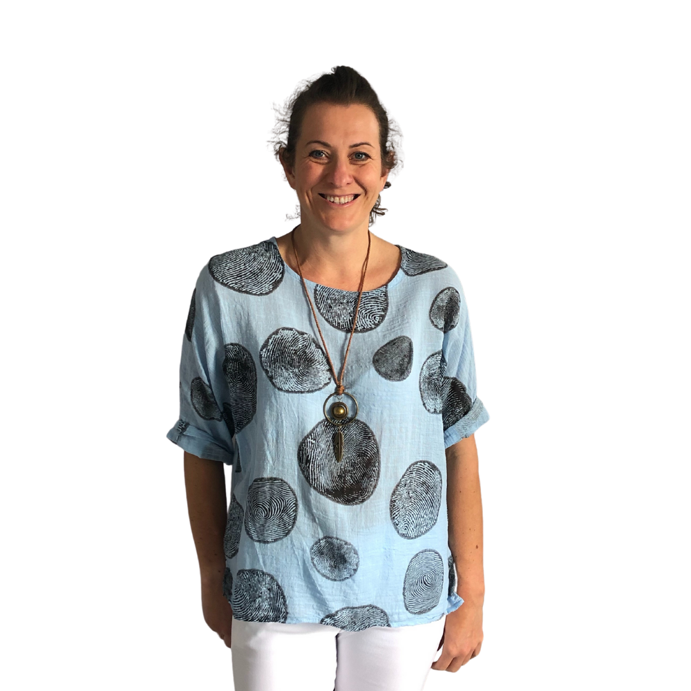 Sky blue with Black Bark Design 3/4 Sleeves Top with Necklace. (A121)