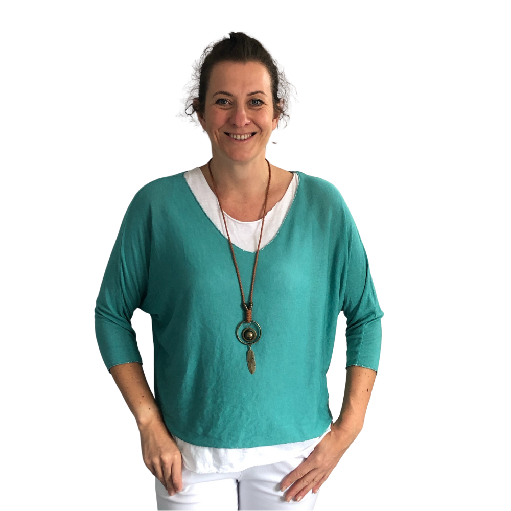Ladies 2 Piece Layer Plain Top with Necklace with 3/4 Sleeves (A91) - Made in Italy (Sage Green)
